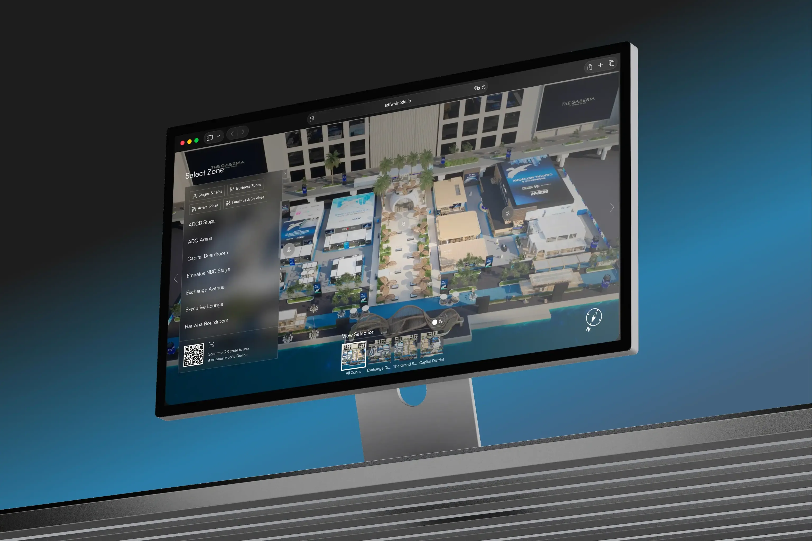 The Abu Dhabi Finance Week 2025 venue rendered as an interactive 3D map in the Vinode web app, with a Select Zone menu listing sponsor stages and business zones