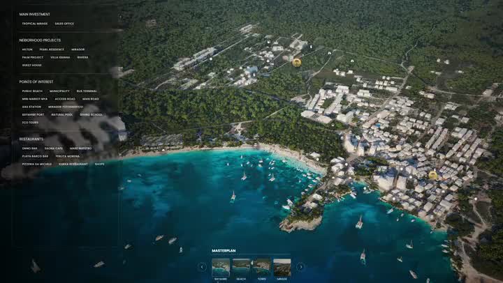 Aerial 3D render of a beachfront masterplan with labeled zone overlays and a thumbnail carousel