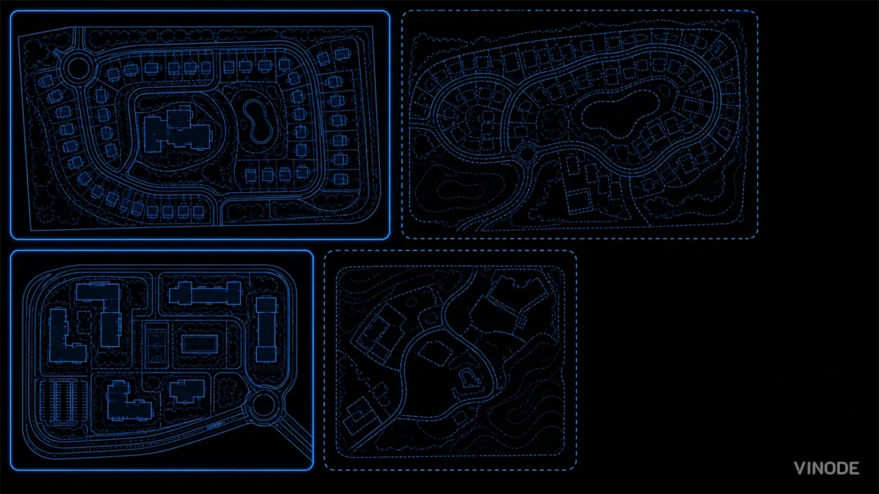Four site plans in blue linework, each in its own frame; two drawn solid and two dashed