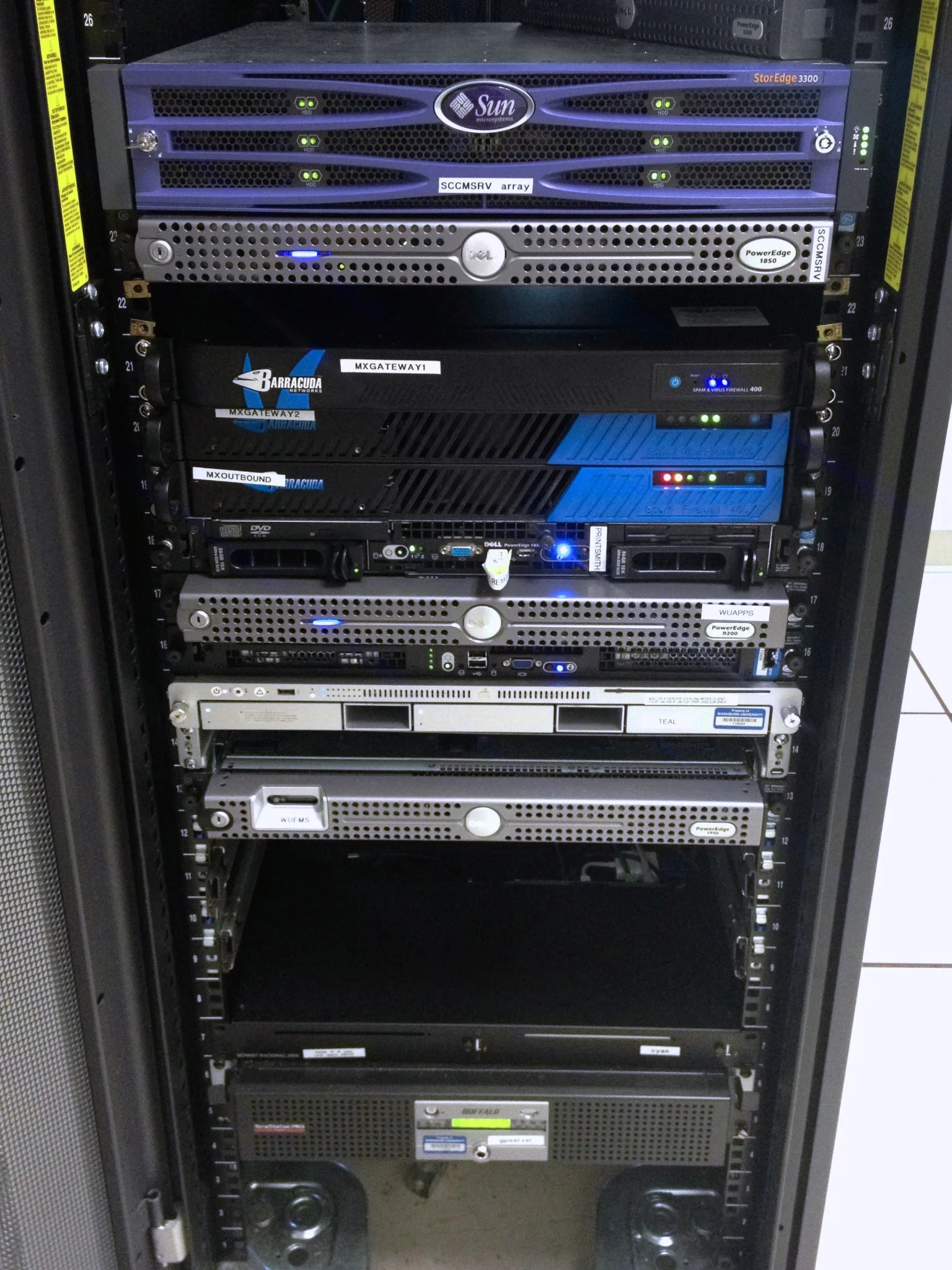 Open equipment rack filled with servers and network appliances