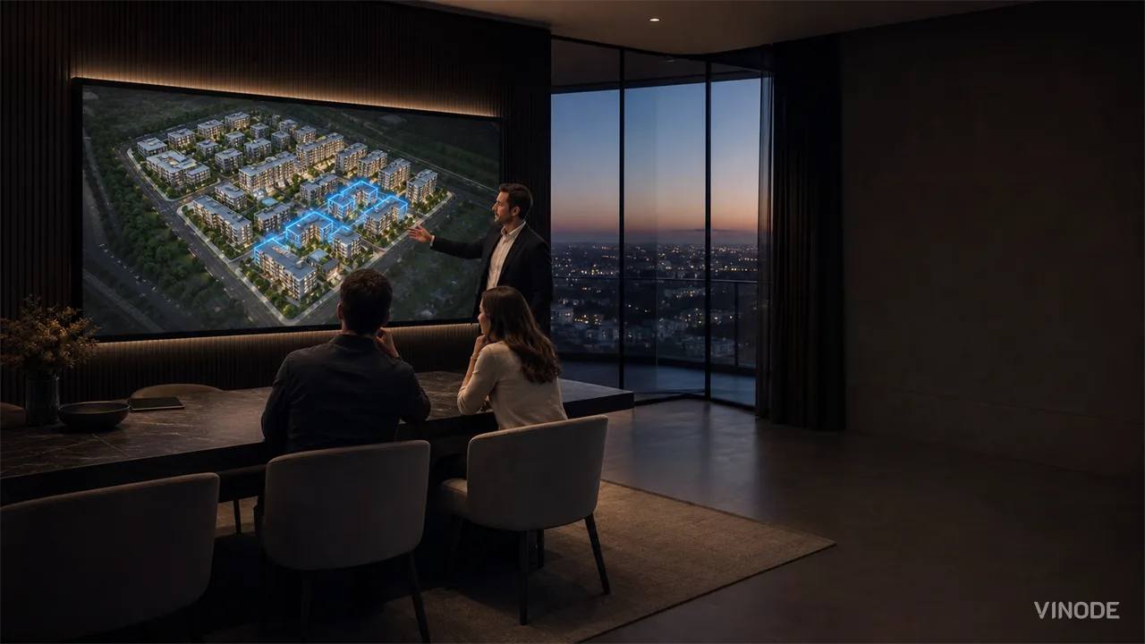 Three people view an illuminated development model in a dark meeting room