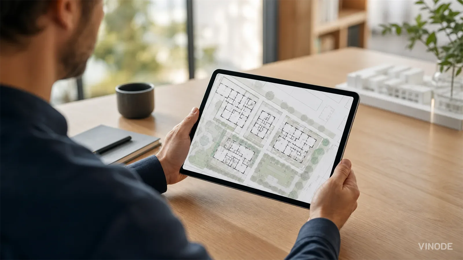 Man holds tablet displaying a residential site plan