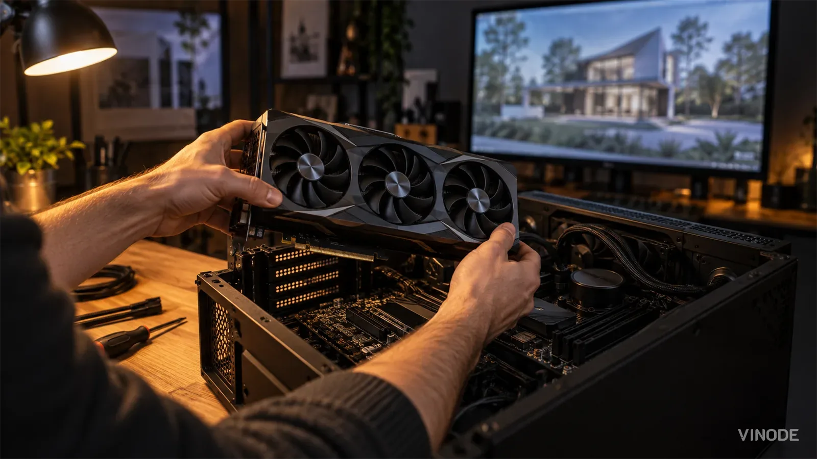 Hands hold a three-fan graphics card above an open desktop computer on a lamplit desk, with a monitor showing a modern house behind.