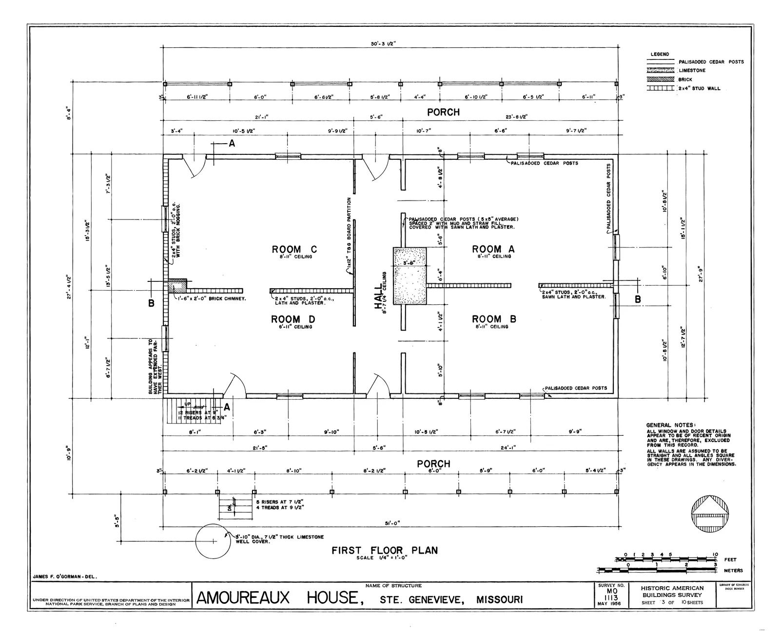 Historic architectural drawing of a house floor plan