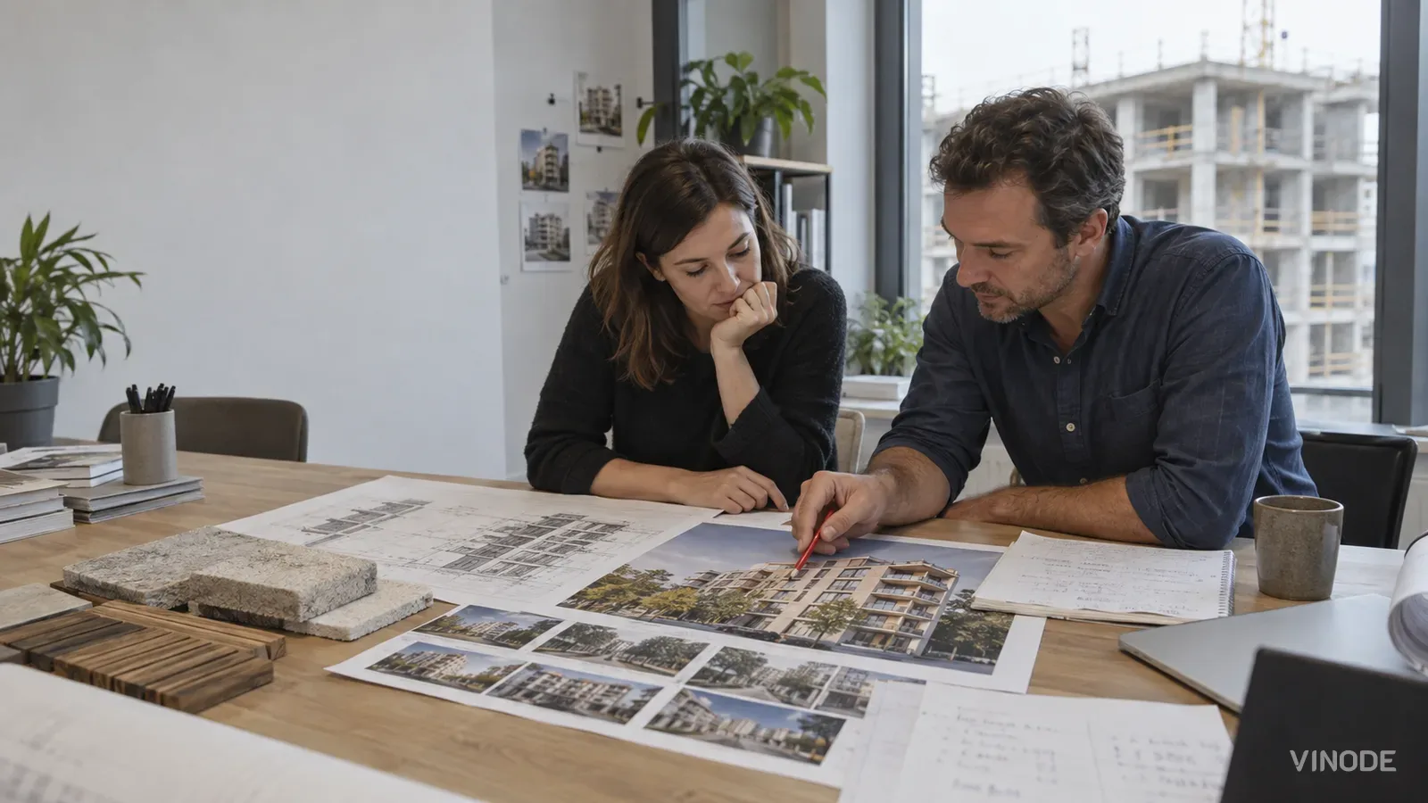 Two people review architectural plans and building images at a table