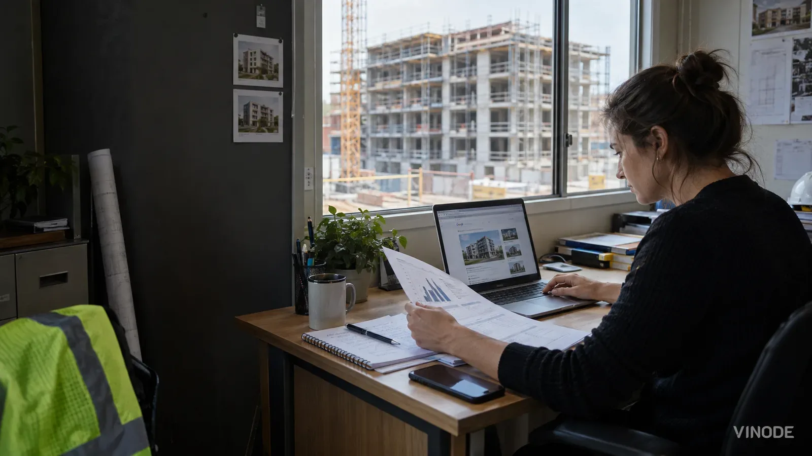 Woman reviews printed charts beside a laptop in a construction office