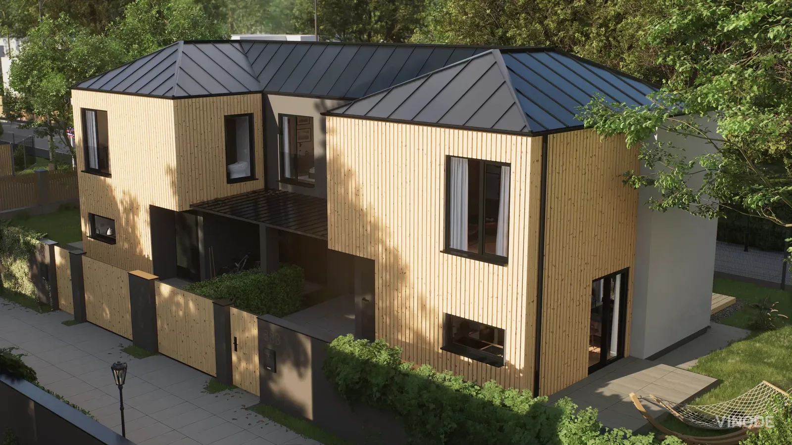 A photorealistic Vinode 3D render of a two-storey wood-clad residential house with a dark standing-seam roof and a landscaped garden.