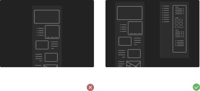 Side-by-side wireframe comparison marked with red X and green checkmark