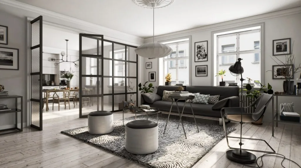 3D render of a Scandinavian-style living room with a black sofa and rugs