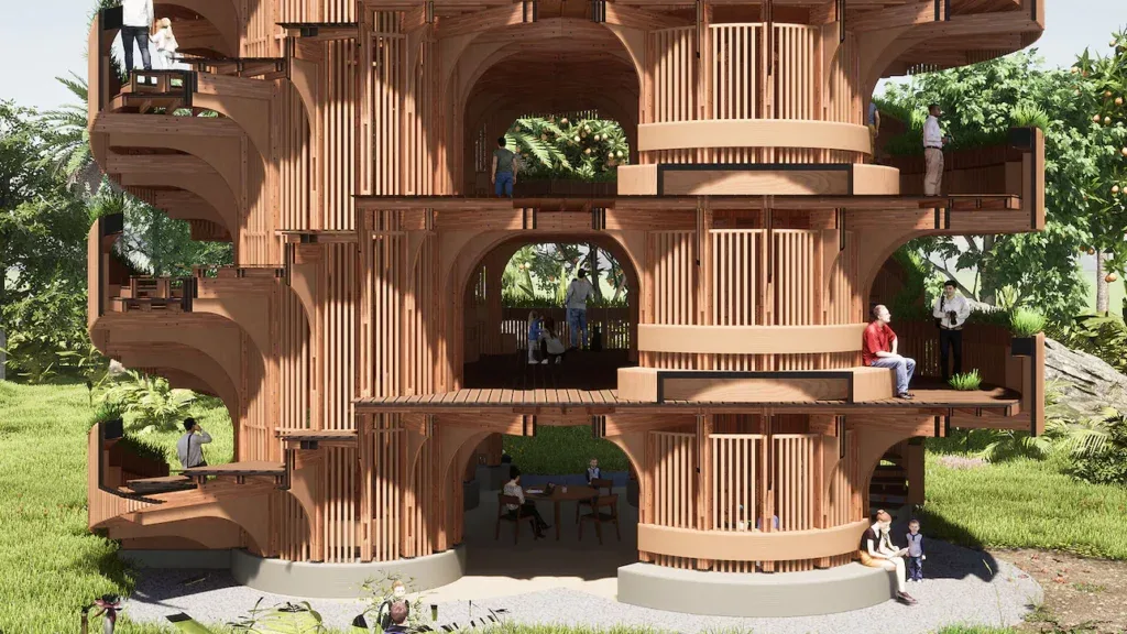3D render of a curved wood-facade residential building with balconies and greenery