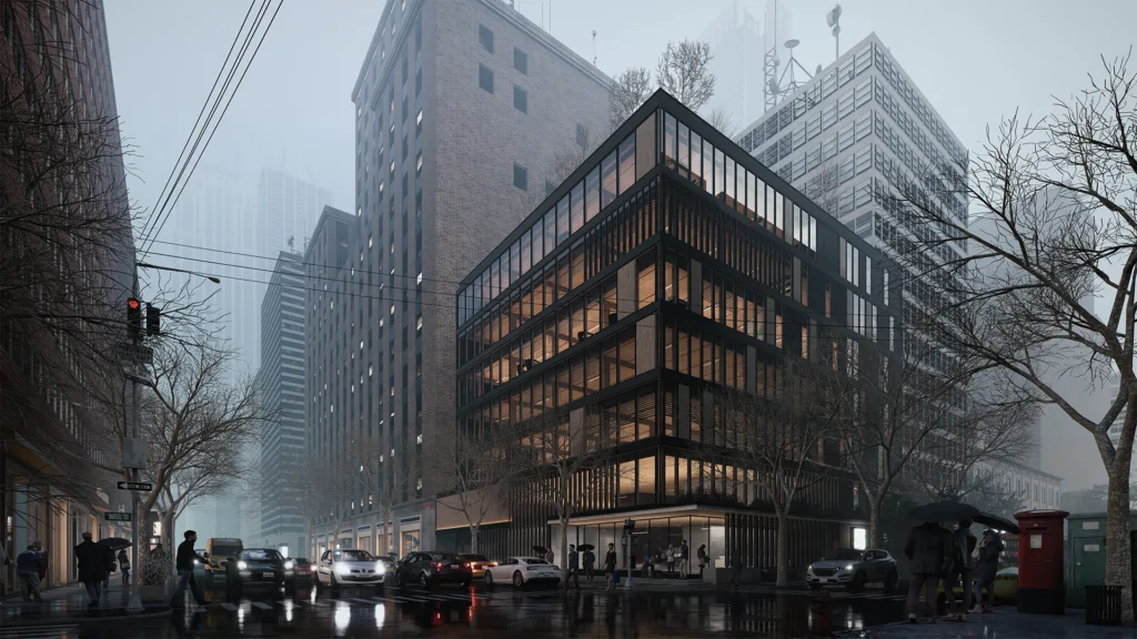 3D render of a rainy city street with a glass-fronted building at dusk