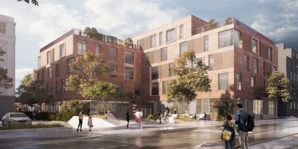 3D render of a brick and stone mixed-use plaza with pedestrians and trees