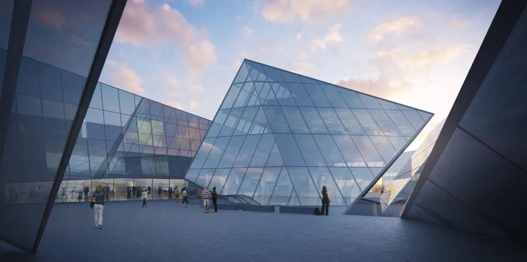 3D render of a minimalist interior with an angled glass and steel facade