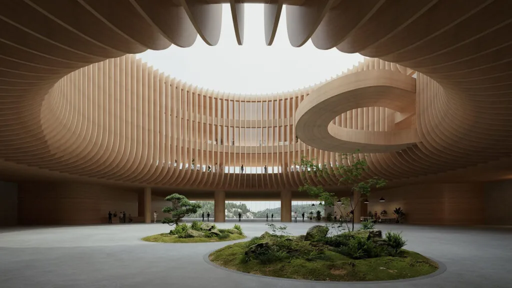 3D render of a curved timber-ceilinged interior with a large window view