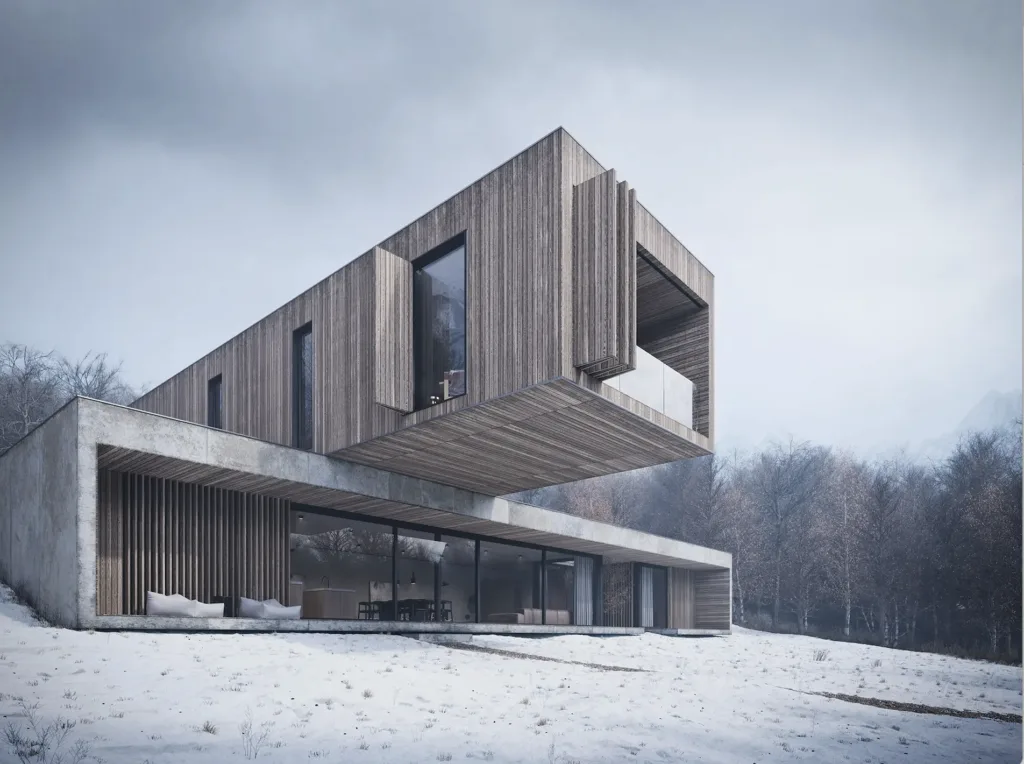 3D render of a cantilevered wood-clad house in a snowy landscape