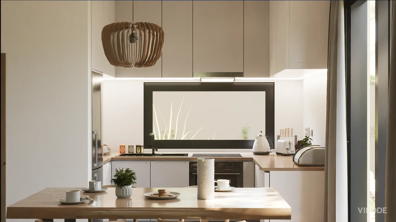 A photorealistic 3D kitchen interior render, of the kind produced with an architectural rendering engine.