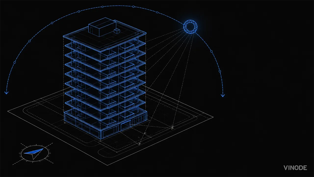 Isometric blue wireframe of a multi-storey building on a site outline, with a compass rose and a sun-path arc casting shadow guides