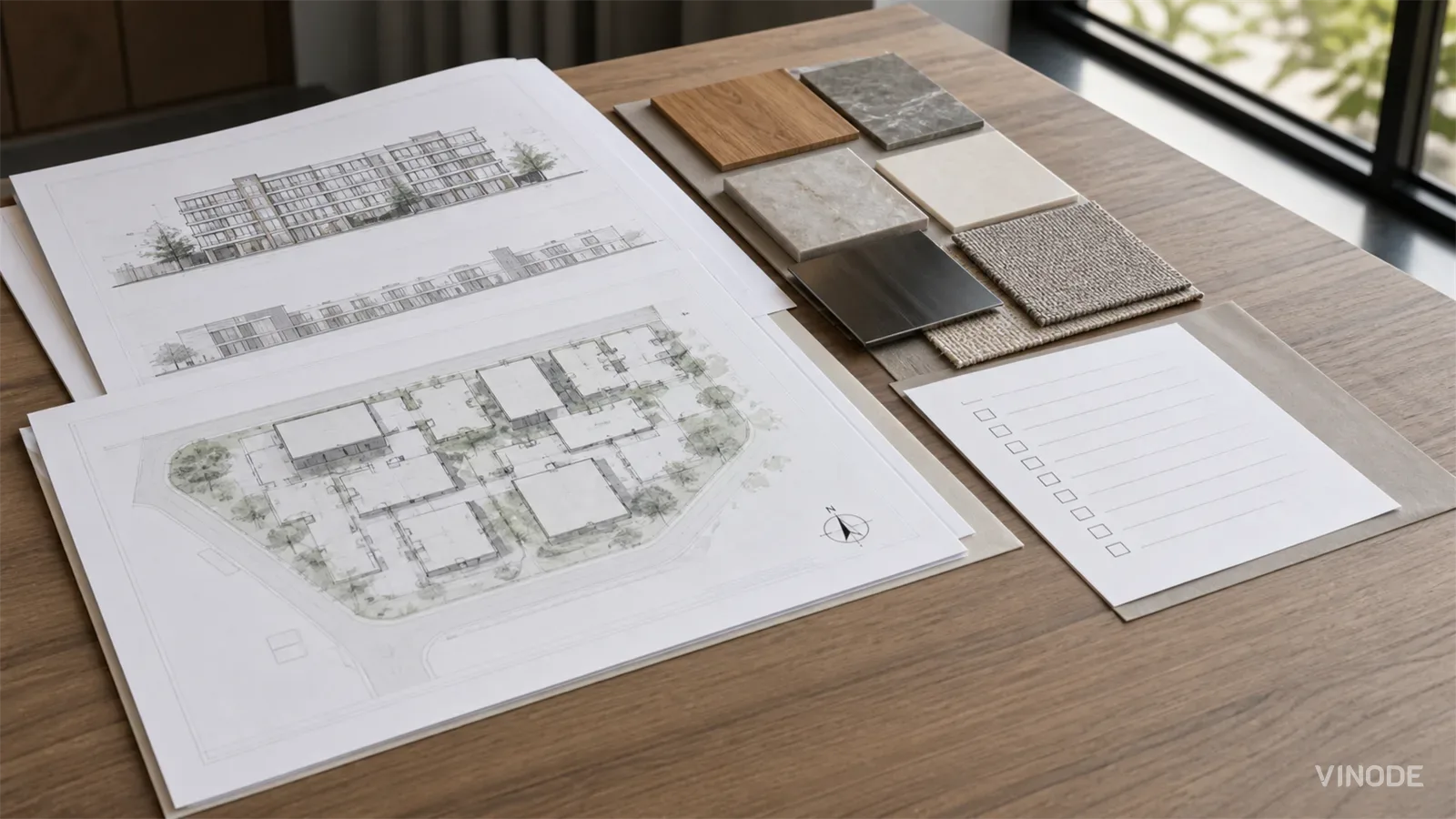 Architectural plans and material samples arranged on a wooden table