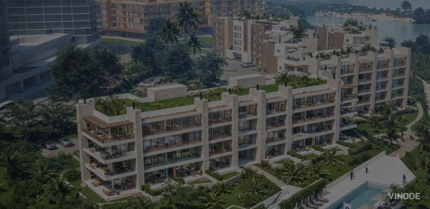 Aerial render of a modern residential building complex