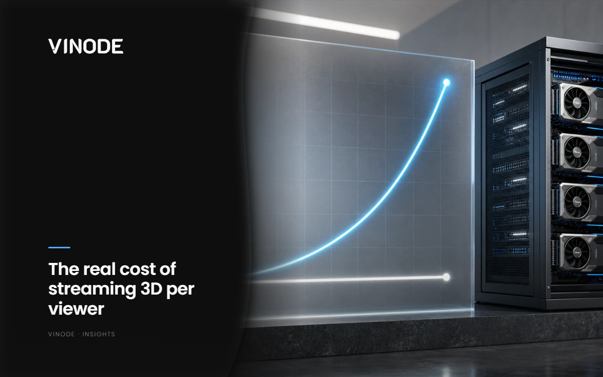 A two-column cost ledger contrasting a rising GPU-hour line against a flattening CDN-egress line as concurrent viewers climb