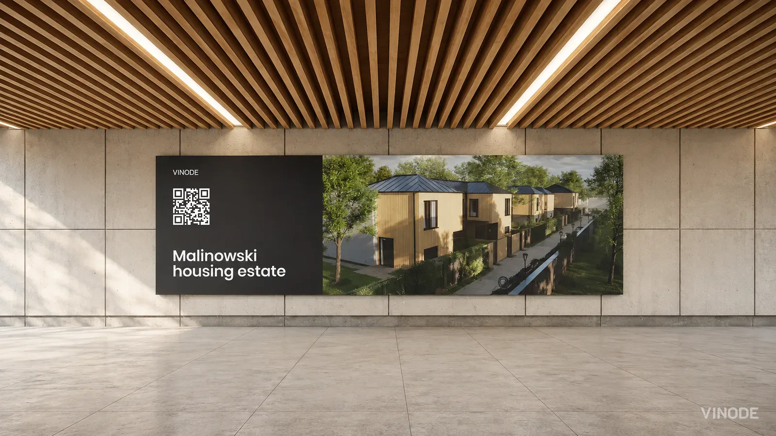 A wall-mounted panel in a wood-ceilinged walkway shows a render of the Malinowski housing estate