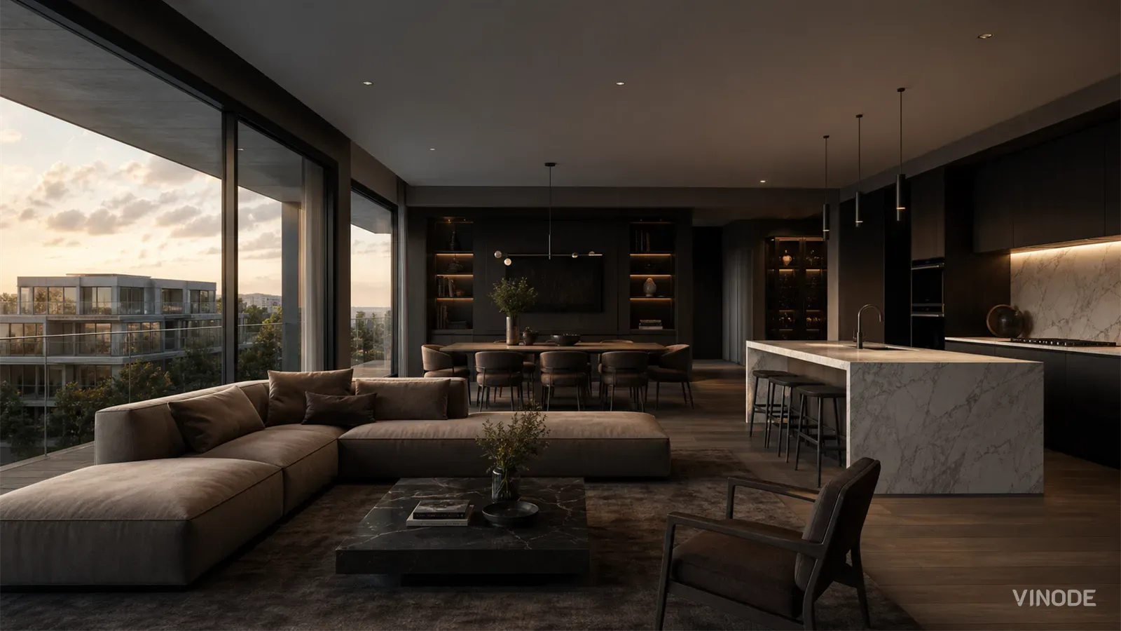 Photorealistic render of a luxury open-plan apartment interior with mountain view