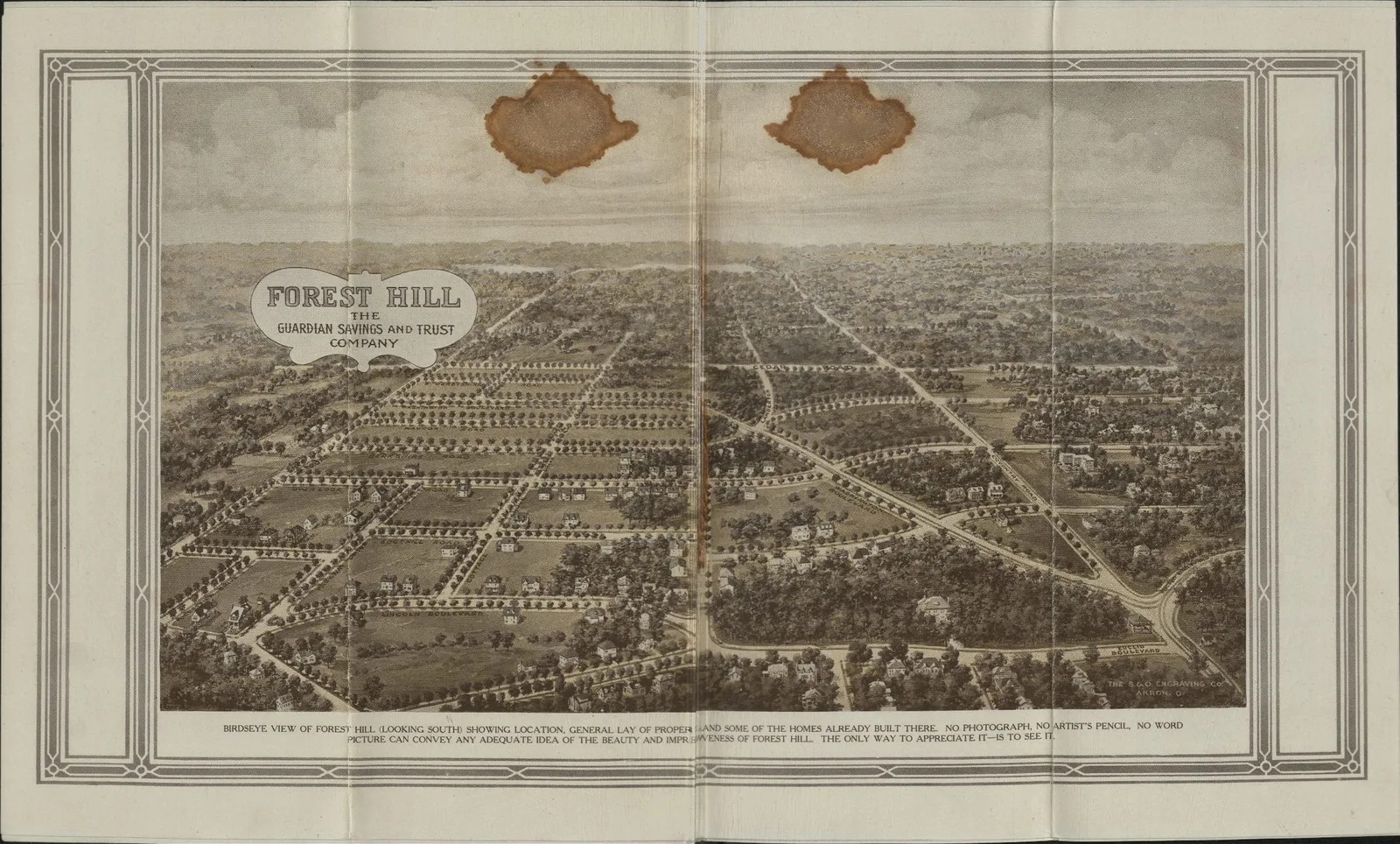 Aged panoramic town illustration with roads, trees, houses, and decorative border