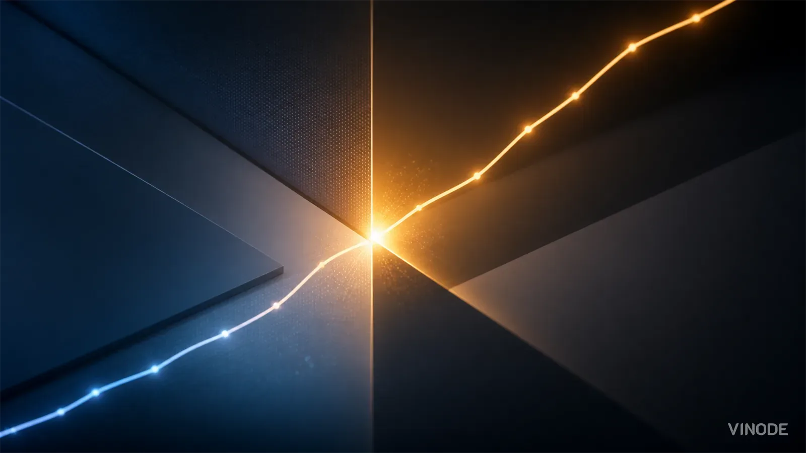 Glowing line graph crosses angular blue and black geometric panels