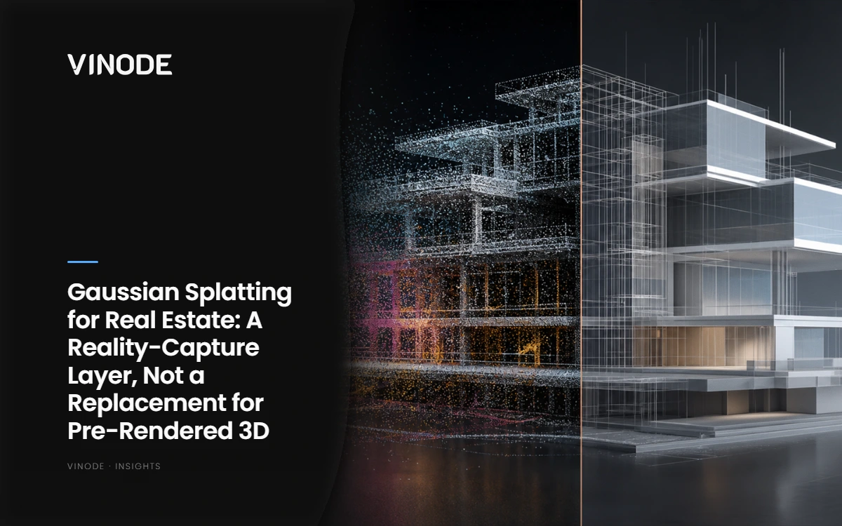Split architectural render with particle cloud and glass building