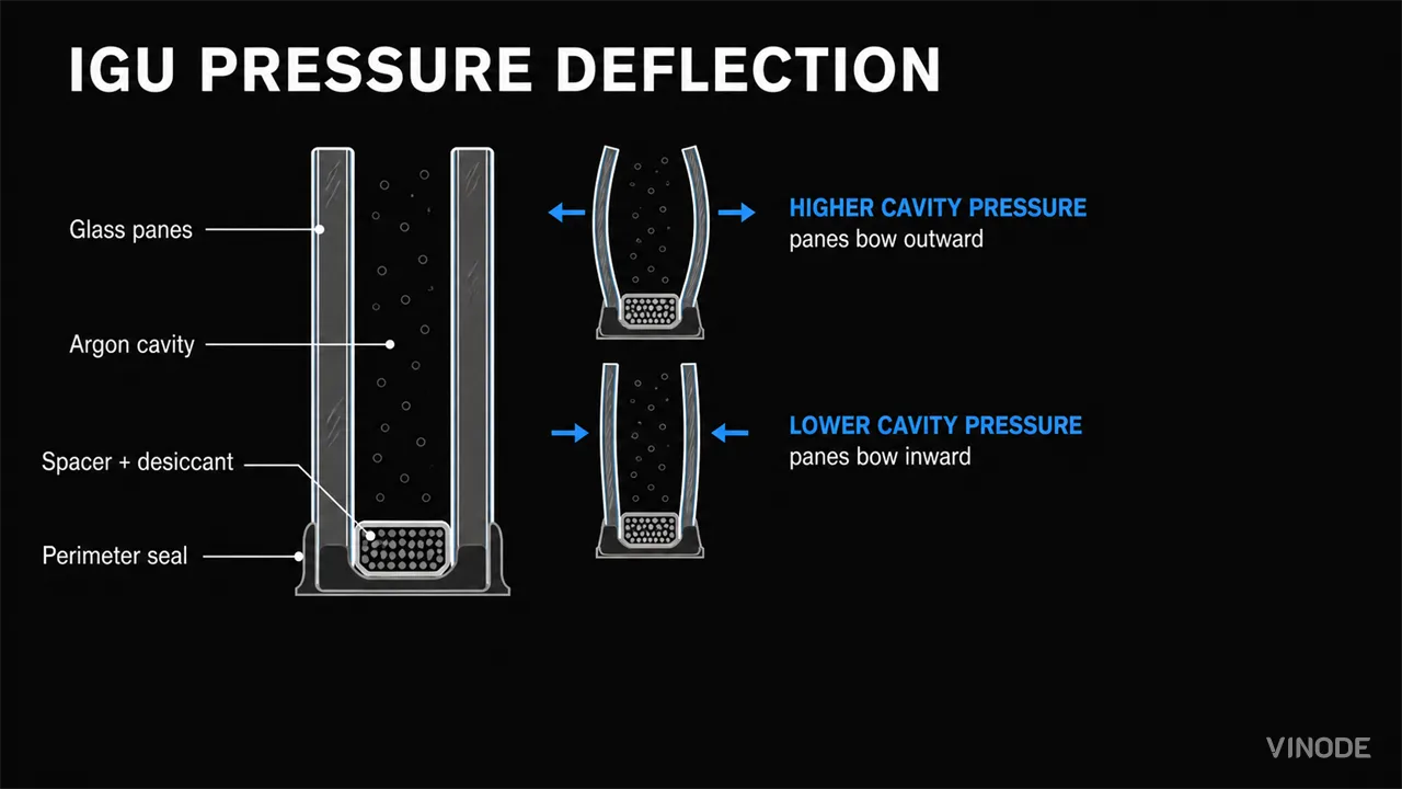 Diagram shows insulated glass cavity and inward or outward bowing