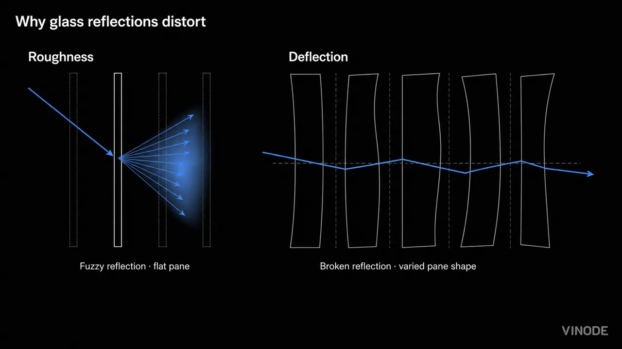 Diagram compares fuzzy reflections with broken reflections across varied panes