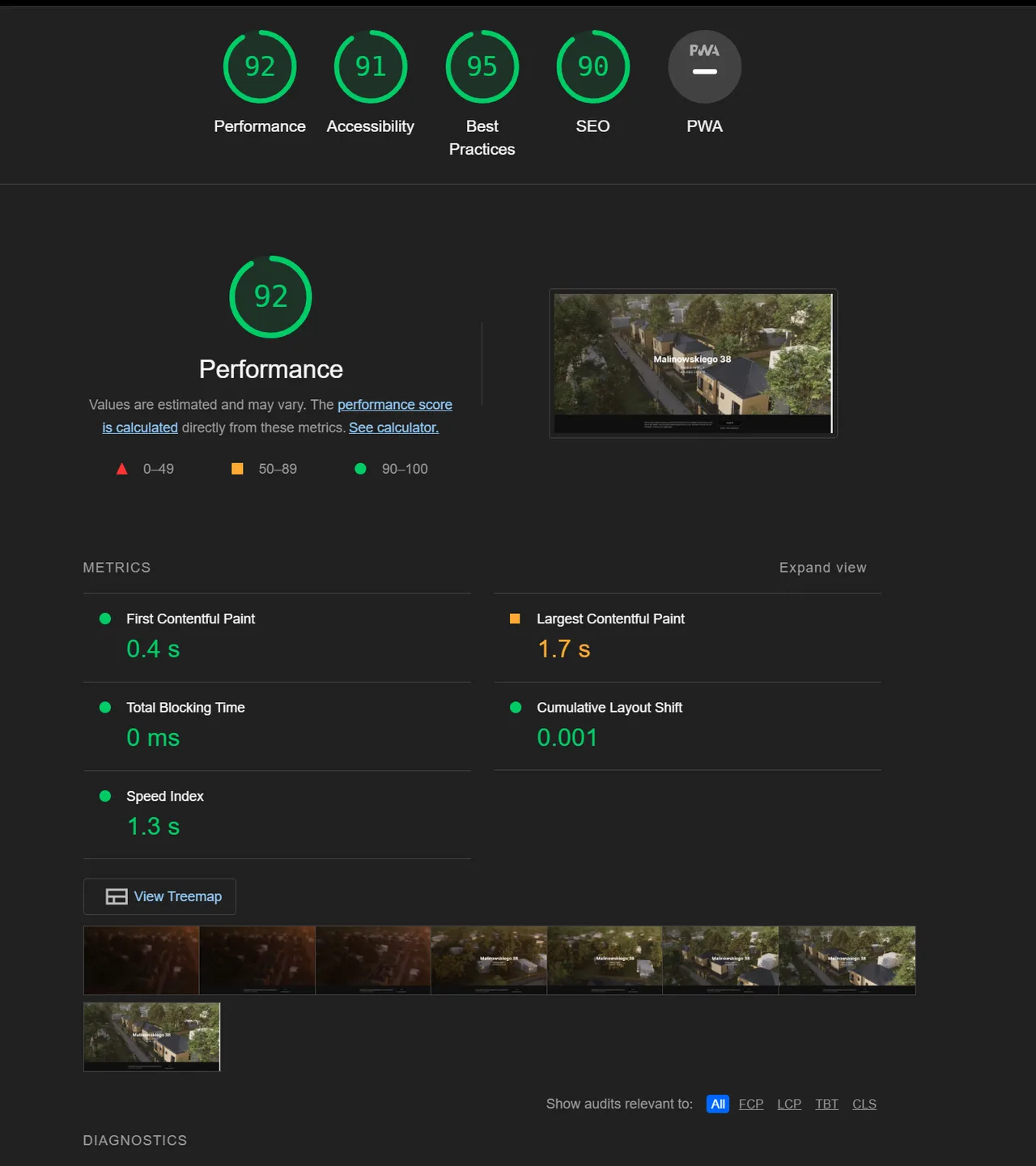 A PageSpeed Insights report with performance scores and a page-load filmstrip