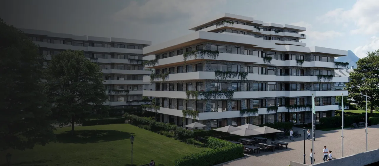 A 3D exterior render of a multi-story building with balconies and landscaped grounds