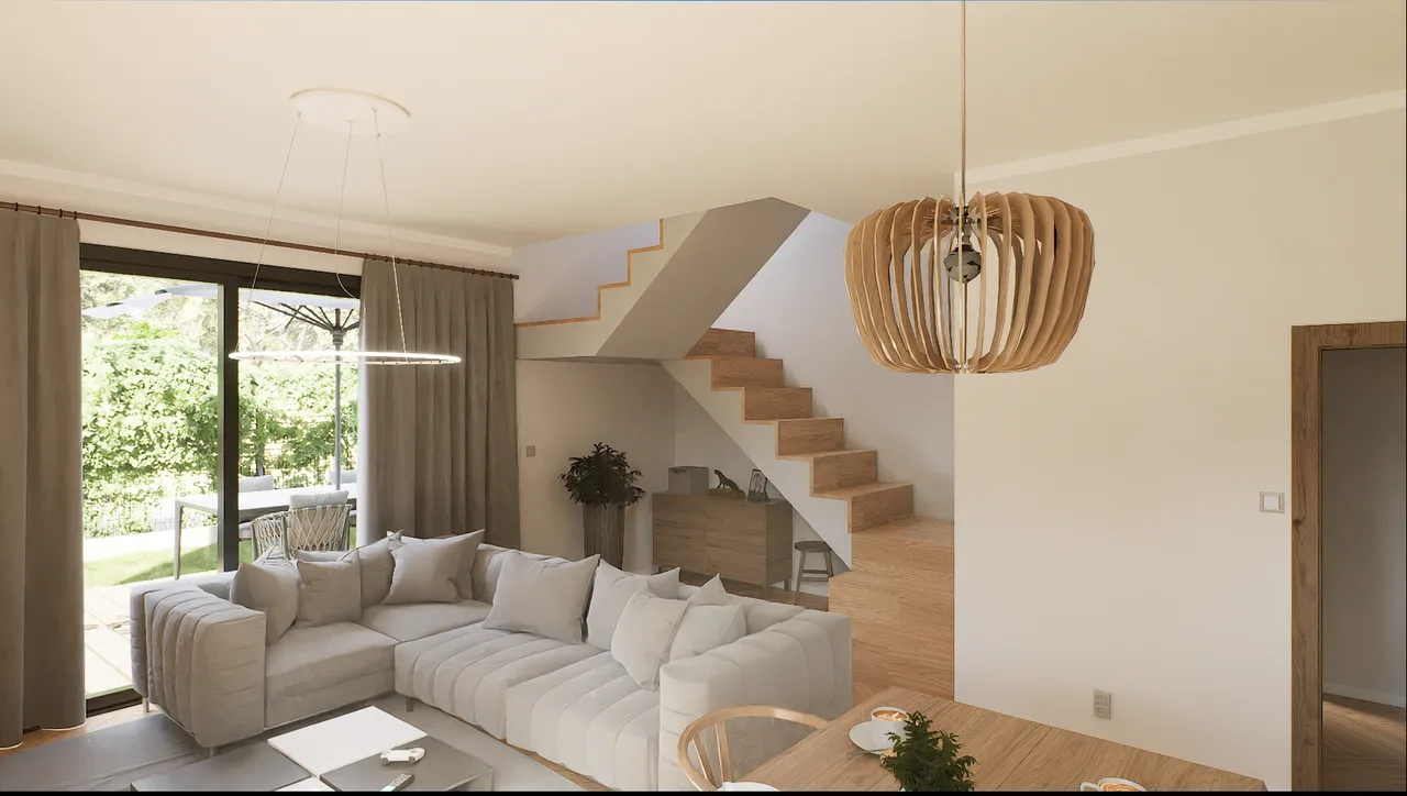 An interior render with a floating staircase, sectional sofa, and wood pendant light