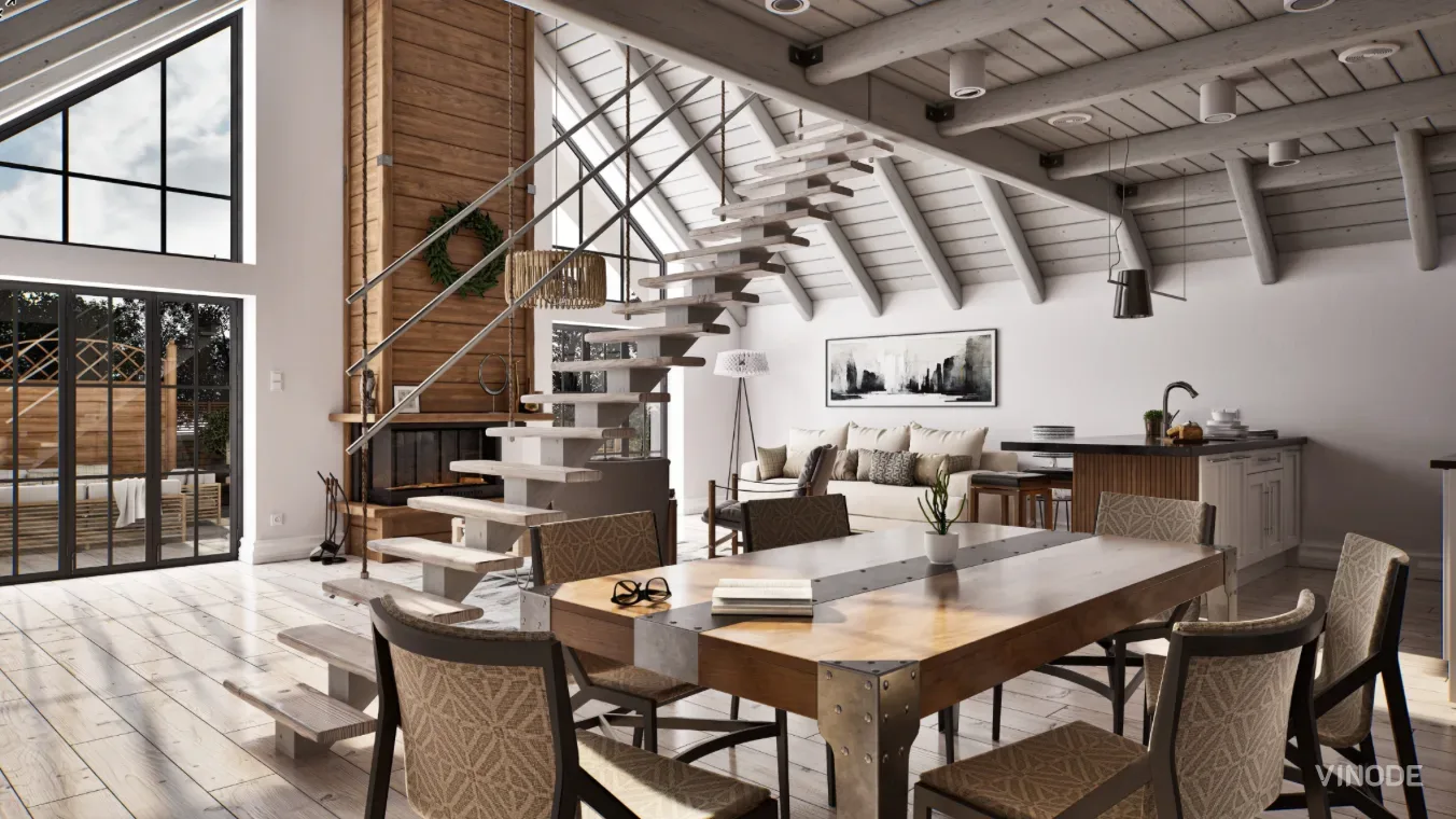 A photorealistic Unreal Engine archviz render of an open-plan living and dining interior with a floating staircase and vaulted timber ceiling