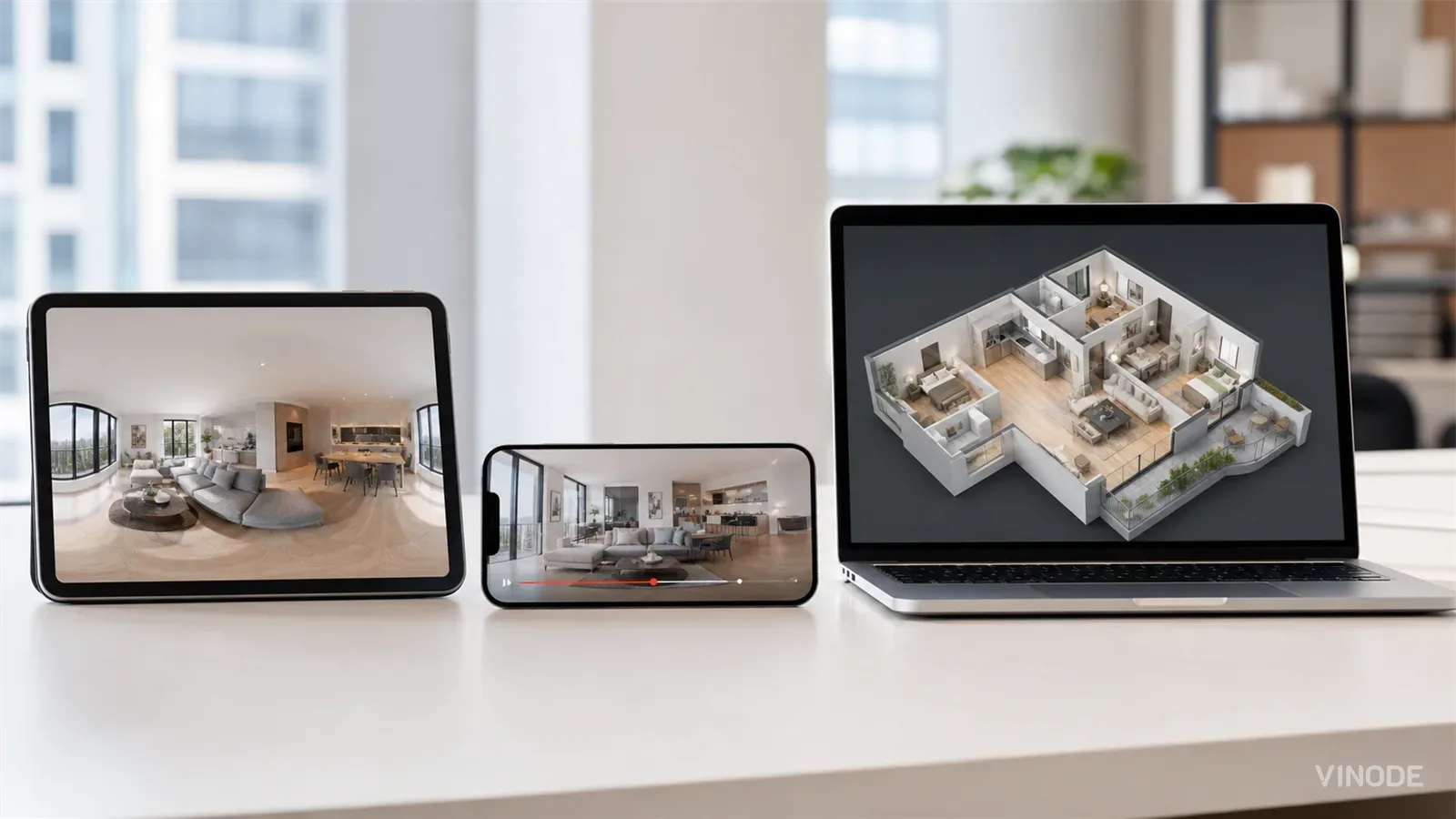 A three-way split showing a filmed room walkthrough, a photo-based 360 tour sphere, and a navigable interactive 3D development map side by side, with the two photographic formats greyed out to signal they need a built space to exist.