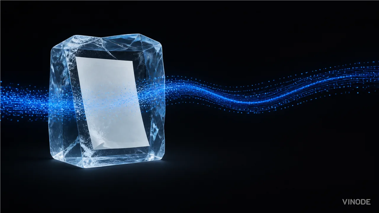 Glass-like ice block surrounds a tilted blank white card