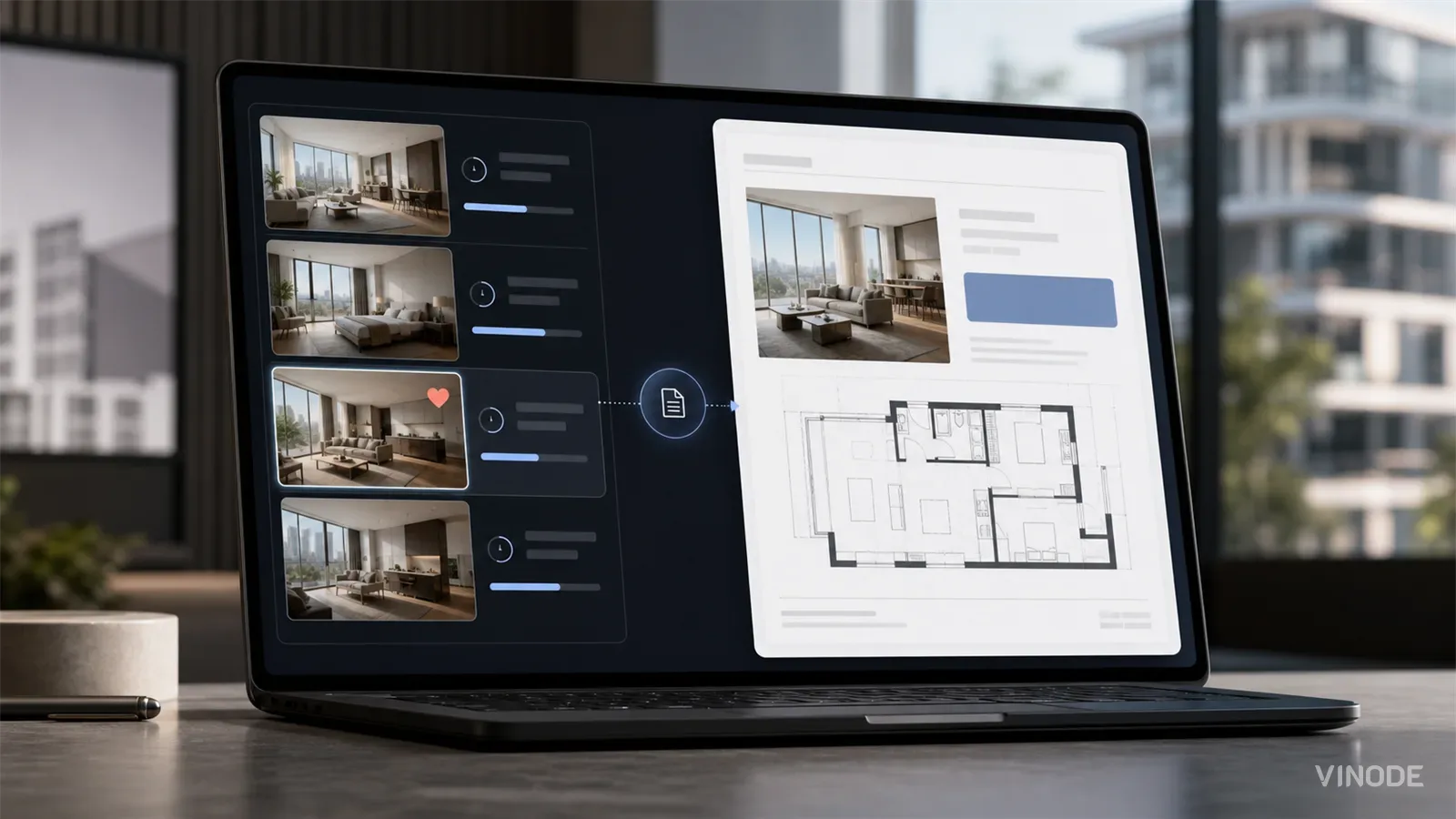 Laptop displays apartment thumbnails, a floor plan, and page preview