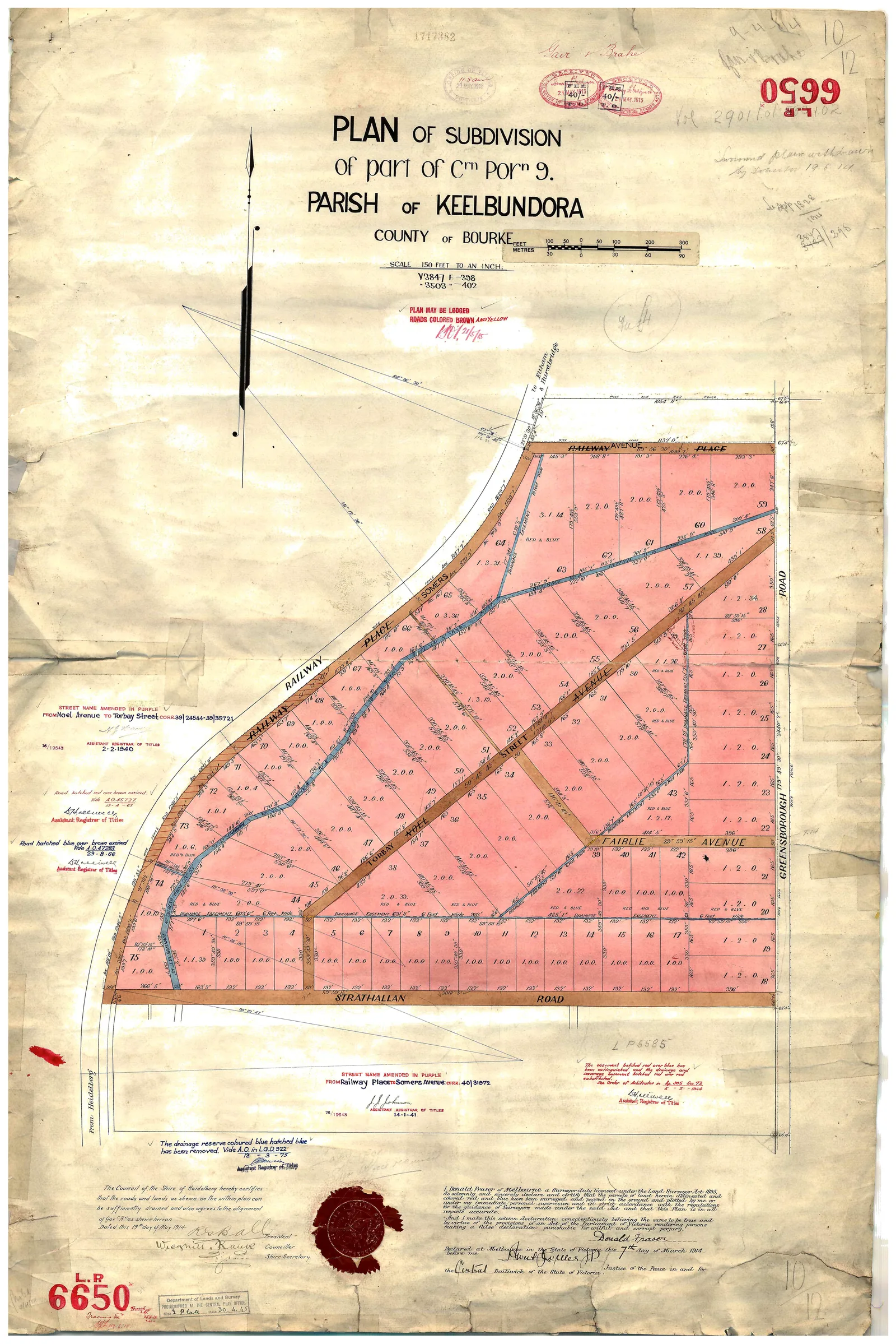 Historic subdivision plan showing numbered plots, roads, and boundaries