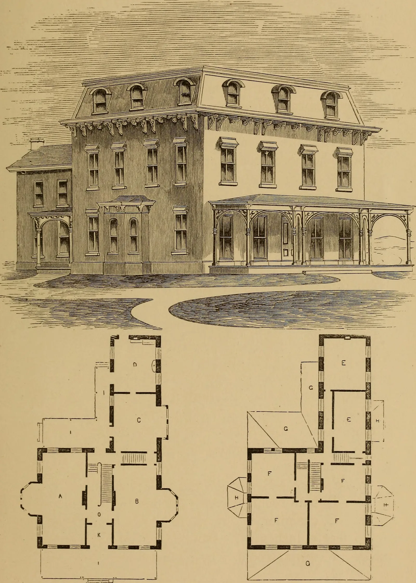 Architectural pattern-book page with house plans arranged for comparison