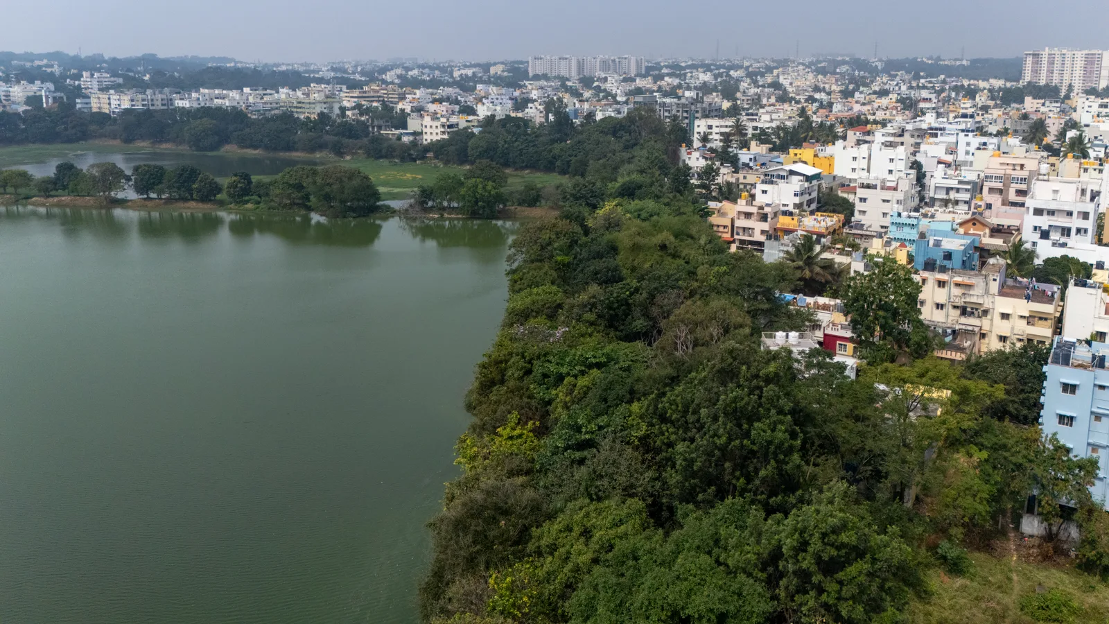 Aerial view of a large residential area beside an urban lake