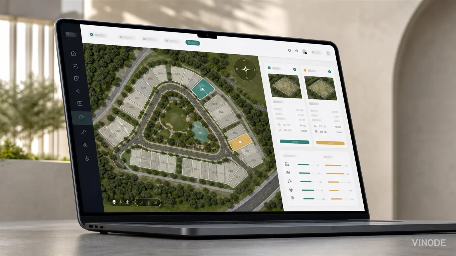 Laptop displays an aerial site map with highlighted plots