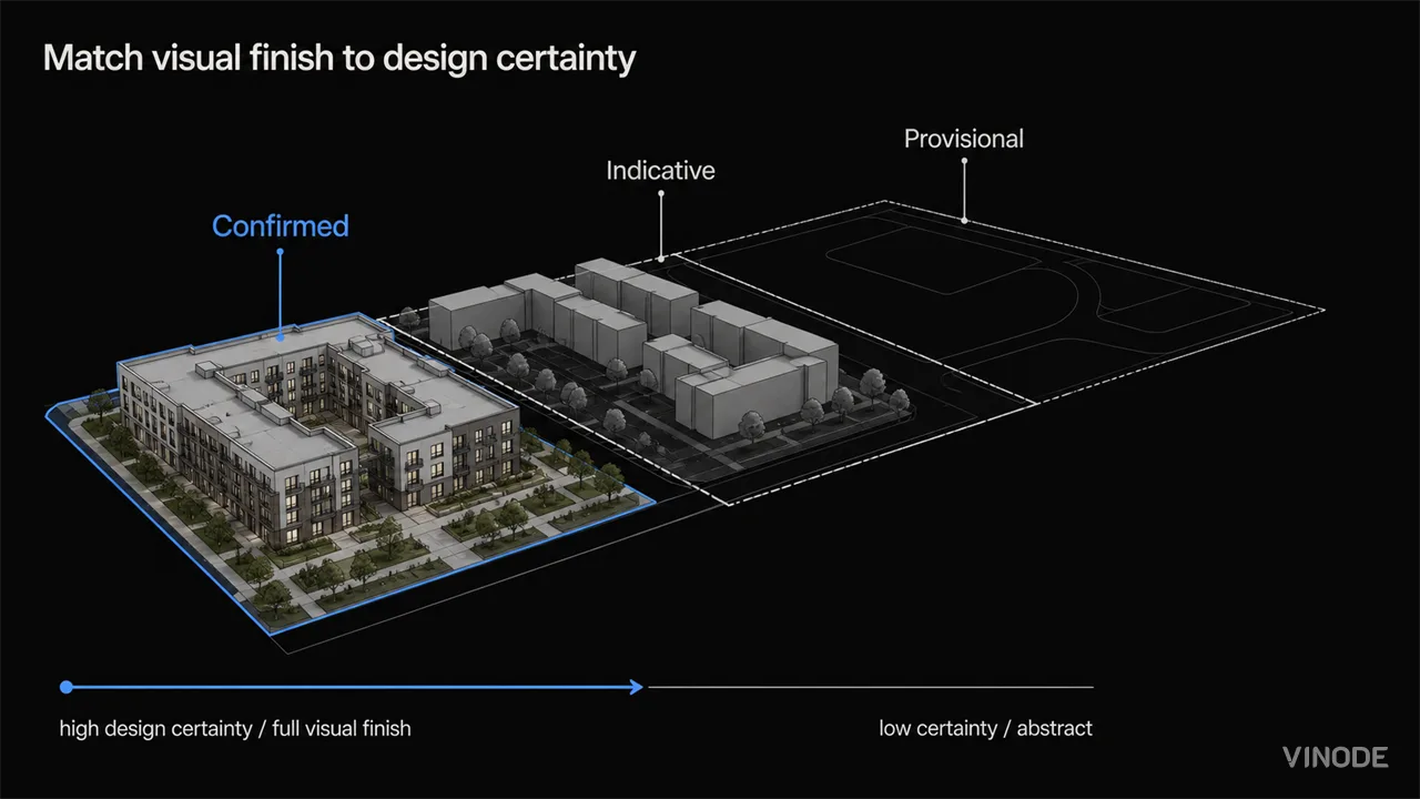 Phased housing masterplan progresses from detailed buildings to abstract outlines