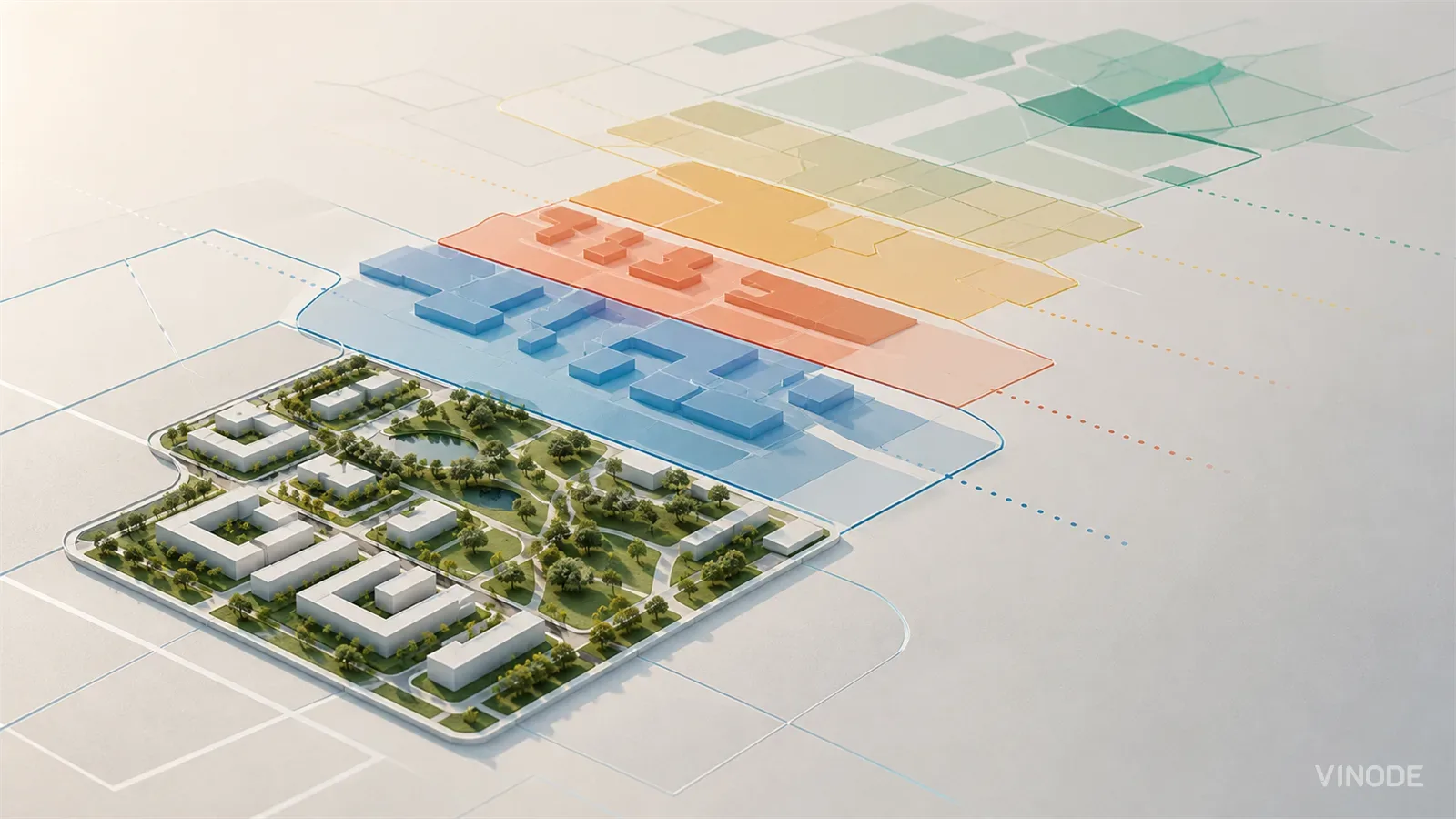 Aerial 3D masterplan with landscaped buildings and colored development phases