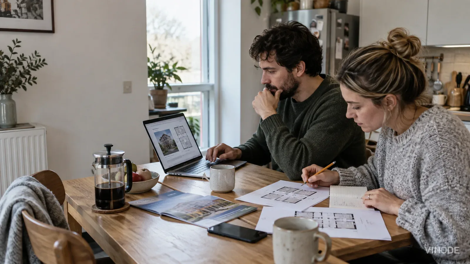 Two people review floor plans together at a wooden kitchen table