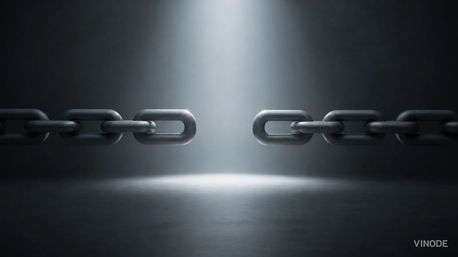 Broken metal chain suspended above a dark reflective floor