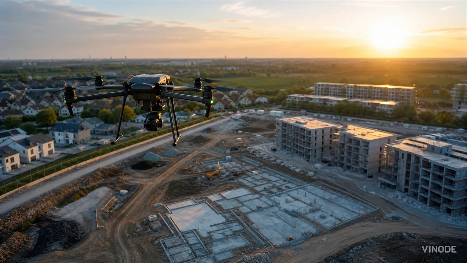Drone flying above a construction site at sunset
