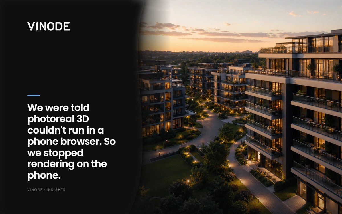 A photorealistic 3D render of a residential development, of the kind Vinode pre-renders and streams to a browser