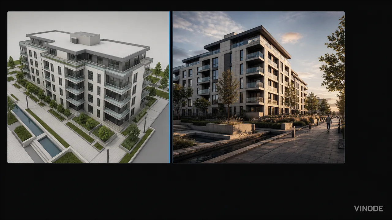 Side-by-side building render comparisons on a dark background