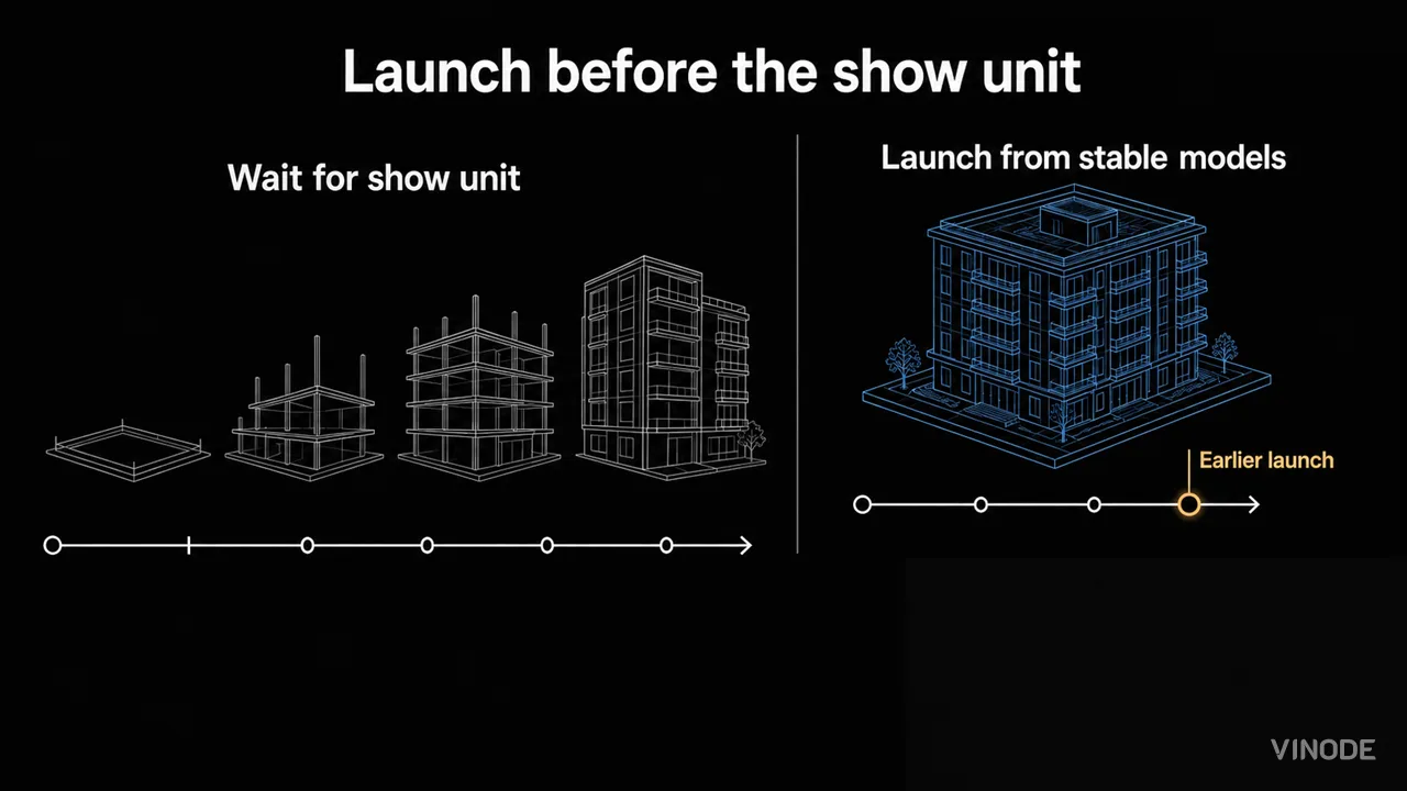Two building development timelines compare launch stages on black